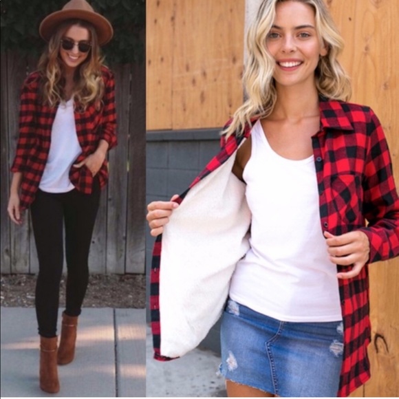 Aluna Levi Tops - Sherpa Lined Plaid Button Down